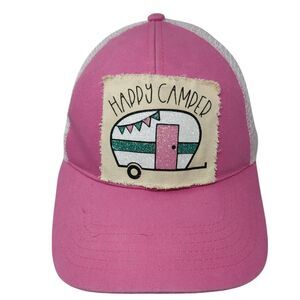 Happy Camper Snapback Trucker Hat Pink One Size Adjustable Mesh Back WB